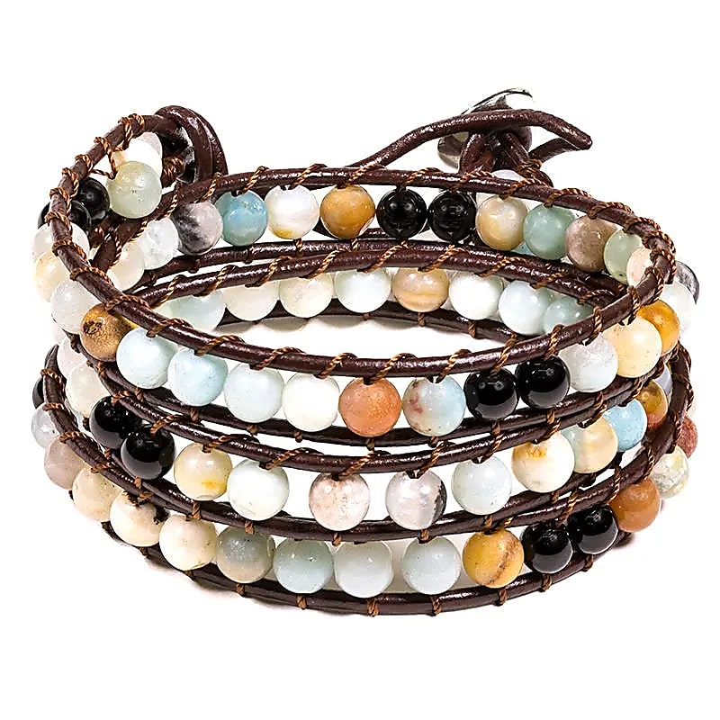 Amazoniit & Svart Agat – Wrap-armband med Läderrem