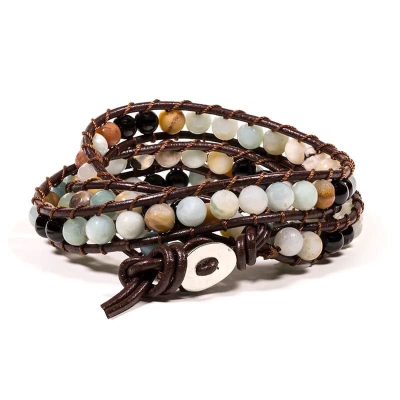 Amazoniit & Svart Agat – Wrap-armband med Läderrem