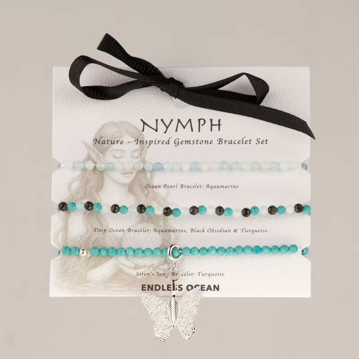 Nymph Spirit kivirannekoru-setti Endless Ocean – akvamariini, turkoosi & obsidiaani