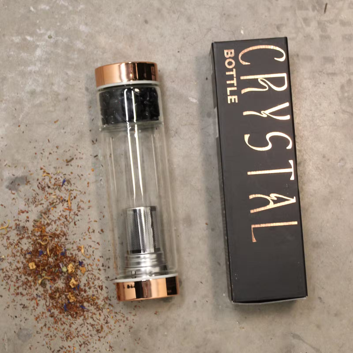 Lasipullo teesiivilällä 500ml- Ruusukvartsi