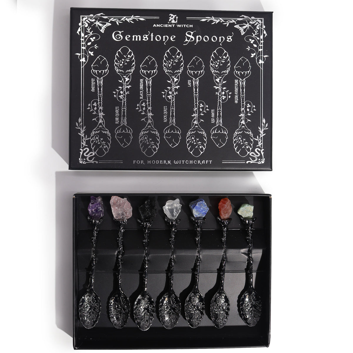 Dark Silver Gemstone Crystal Witch Spoons - kristallilusikkasetti 7 kpl