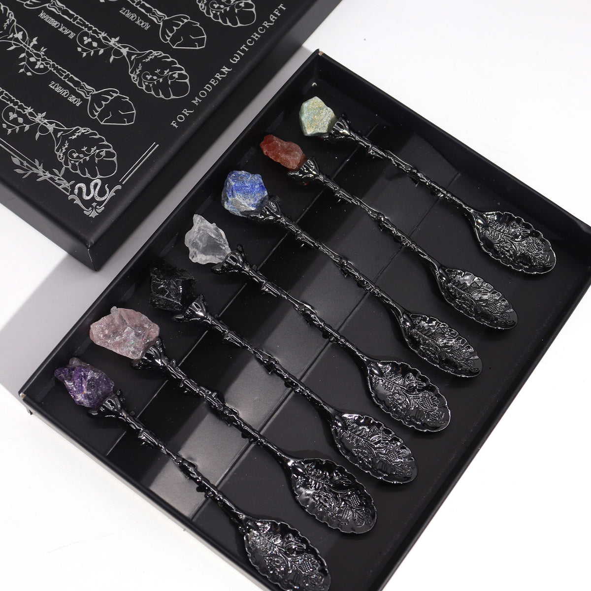Dark Silver Gemstone Crystal Witch Spoons - kristallilusikkasetti 7 kpl